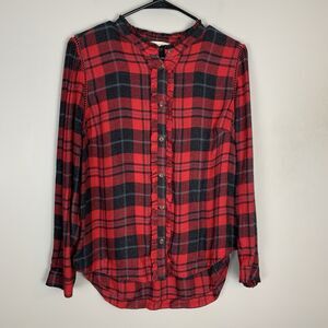 Soft Surroundings Size Petite M Red Plaid Button Front Flannel Shirt Top Ruffle